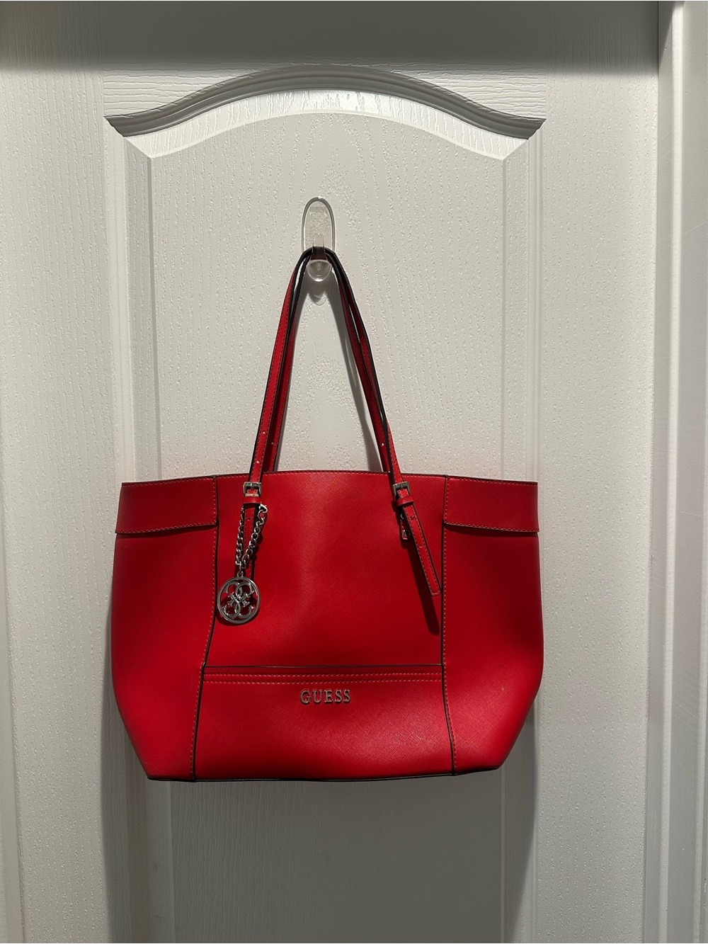 GUESS Red Leather Tote with Logo Charm